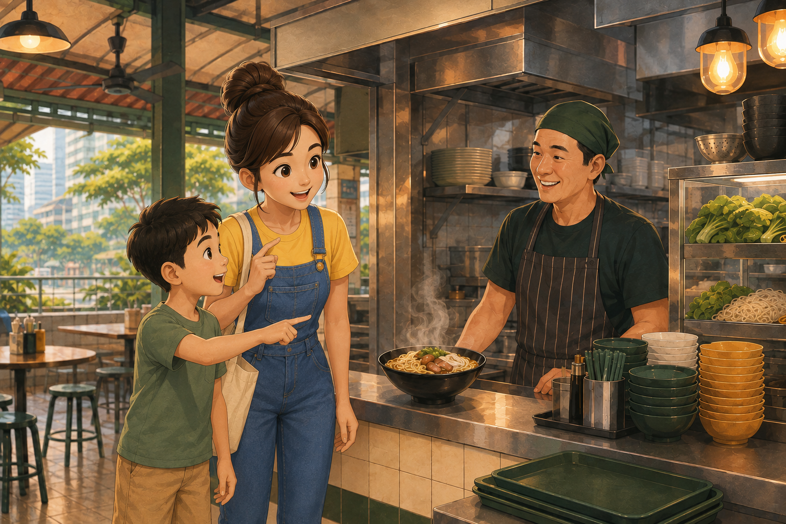 A family practising Mandarin at a Singapore hawker centre